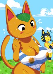 2girls animal_crossing ankha anthro ass bandage blue_fur blue_hair blush bottomless breasts cleavage clothed clothing dream-cassette feline female food furry grass holding hoshime lactation lactation_through_clothes large_breasts milk nintendo orange_(fruit) orange_body orange_fur orange_juice outdoors shirt standing tail tangy_(animal_crossing) thick_thighs unusual_lactation wide_hips yellow_fur