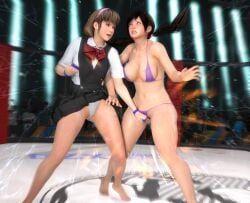 2girls 3d 3d_(artwork) bikini catfight cleavage clenched_teeth cuntbusting dead_or_alive fight fighting_ring hitomi_(doa) kokoro_(doa) pain panties punching ryona school_uniform sweaty tagme thick_thighs thighs twincobra wet wet_body wrestling yuri