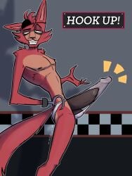 3:4 absurd_res anthro balls bodily_fluids canid canine clothed clothing darkened_genitalia darkened_penis erection erection_under_clothing eye_bags eye_patch eyewear five_nights_at_freddy's fox foxy_(fnaf) genital_fluids genitals grin hi_res hook hook_hand humanoid_genitalia humanoid_penis male mammal penis precum precum_on_penis ratwork red_fox scottgames smile solo tenting text true_fox underwear underwear_only wet wet_clothing wet_underwear