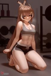 1girls 2d ai_generated ass barefeet big_ass breasts brown_hair erophoenix feet female female_focus full_body gym hairclip hololive hololive_english hololive_english_-council- hololive_english_-promise- indoors looking_at_viewer medium_breasts nanashi_mumei navel patreon_username short_shorts shorts solo solo_female sports_bra sweat thick thick_thighs toes uncensored virtual_youtuber vtuber