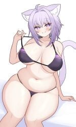 arm_at_side arm_support belly bikini blush chubby curvy grin hololive hololive_gamers hololive_japan huge_breasts mochigome_(mochigomemcmc) nekomata_okayu plump pulling_bikini_string sitting slender_waist smile thick_thighs virtual_youtuber voluptuous wide_hips