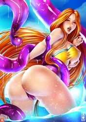 1girls ass big_ass breasts clothing female female_only hair league_of_legends leona_(league_of_legends) long_hair looking_back lord_dominik open_mouth orange_hair pool_party pool_party_leona pool_party_series purple_tentacles riot_games solo spread_legs swimsuit tentacle tentacle_grab vel'koz video_games