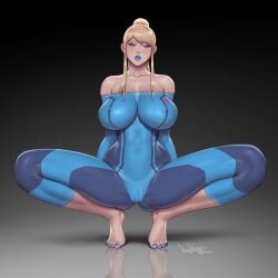 1girls bodysuit female female_only huge_breasts human large_breasts metroid pinkdrawz samus_aran squatting voluptuous