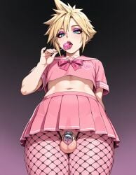1boy ai_generated cloud_strife crop_top eyeshadow femboy fishnets flat_chastity_cage lipstick pantyhose serafuku
