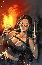 1girls backpack bag belt big_breasts black_belt black_shirt bottomwear breasts brown_eyes brown_hair busty chuck_pires cleavage clothing curvaceous curvy david_nakayama desert_eagle eyewear female female_only fire firearm gun handgun handwear holding_gun holding_weapon huge_breasts human image_comics lara_croft lara_croft_(classic) large_breasts looking_over_eyewear looking_over_glasses looking_over_sunglasses midriff pants pinup pistol shirt solo sunglasses tinted_eyewear tomb_raider top_cow topwear torch voluptuous weapon