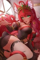 aliciaxlife breasts dark-skinned_female dark_skin female gold_jewelry green_eyes indie_virtual_youtuber jewelry looking_at_viewer mouse mouse_ears mouse_girl queen rat rat_girl rat_tail red_hair solo solo_female virtual_youtuber vtuber youtuber