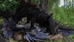 16:9 animated ark_survival_(series) black_body black_exoskeleton blue_body blue_feathers dark_body duo exoskeleton feathers female feral genitals interspecies male male/female no_sound plant reaper_(ark_survival_evolved) reaper_king reptile rock_drake scalie spikes sunekit tagme tail video video widescreen