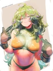 1girls artist_request boku_no_hero_academia breasts female female_focus female_only green_eyes green_hair hi_res large_breasts light-skinned_female light_skin looking_at_viewer midriff my_hero_academia my_hero_academia_(finale) smile solo thighs tooru_hagakure tooru_hagakure_(post-timeskip) tooru_hagakure_(visible) wide_hips