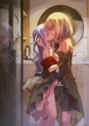 2girls bang_dream! bang_dream!_it's_mygo!!!!! bathroom black_dress black_gloves black_shorts black_skirt blonde_hair blue_hair blush bra clothing_cutout commentary_request doloris_(bang_dream!) dress eye_contact female fingering french_kiss gloves hand_in_another's_hair highres kissing long_hair looking_at_another medium_hair mirror misumi_uika multiple_girls nipples oblivionis_(bang_dream!) purple_eyes red_bra red_shirt reflection shannon_natural shirt shorts shoulder_cutout skirt togawa_sakiko two_side_up underwear yellow_eyes yuri