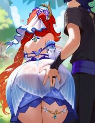 1boy 1boy1girl 1girl1boy 1girls ai_art ai_generated ass ass_focus ass_grab backboob big_ass big_breasts big_butt blue_dress blush breasts chubby chubby_ass chubby_female chubby_girl dress fat fat_ass fat_female fat_girl female from_behind genshin_impact gigantic_ass gigantic_breasts gigantic_butt gigantic_tits grabbing_ass heart huge_ass huge_breasts huge_butt large_ass large_breasts large_butt large_tits light-skinned_female nilou_(breeze_of_sabaa)_(genshin_impact) nilou_(genshin_impact) ntr oiled oiled_body oiled_skin plump scaramouche_(genshin_impact) sweat sweatdrop sweating sweaty thick_thighs wet wet_clothes wide_hips