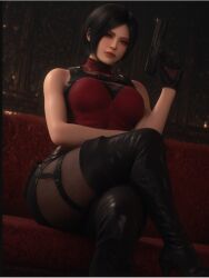 1girls ai_generated black_hair capcom couch crossed_legs female_only female_solo holding_gun holding_object resident_evil_4 resident_evil_4_remake short_hair soldier solo