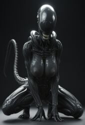 ai_generated alien alien_(franchise) alien_girl beautiful big_breasts black_body breasts crouching crouching_female female female_focus female_only femomorph fit fit_female in_heat looking_at_viewer posing posing_for_the_viewer realistic seductive seductive_look seductive_smile sexy sexy_body sexy_pose spaceship_interior tail tits_out voluptuous wide_hips xenomorph