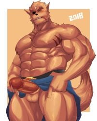 1boy abs animal_ears anthro balls bara bare_pectorals biceps blush body_markings brown_fur chest_fur clothes_lift commentary_request cross_scar daikaijuu_monogatari dated erection eyepatch furry furry_male garou_(daikaijuu_monogatari) looking_at_viewer magnum_feering male male_focus nipples one_eye_covered pectorals penis precum scar scar_on_face scar_on_forehead skirt skirt_lift smule tail testicles tongue tongue_out topless_male wolf_boy wolf_ears wolf_tail yaoi