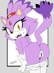 3:4 anthro anus areola ass bent_over blaze_the_cat blush blush_lines bodily_fluids bottomwear bottomwear_down breasts clothed clothing dipstick_tail domestic_cat eyelashes felid feline felis female forehead_gem fur gem genitals gloves grey_background handwear hi_res looking_at_viewer looking_back looking_back_at_viewer mammal markings nipples open_mouth pants pants_down partially_clothed pink_areola pink_nipples pussy rear_view sega simple_background solo sonic_(series) sonic_the_hedgehog_(series) spindasher98 sweat sweatdrop tail tail_markings thick_thighs topless undressing vulva white_background white_body white_bottomwear white_clothing white_fur white_gloves white_handwear white_pants wide_hips yellow_eyes