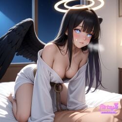 ai_assisted ai_generated all_fours angel angel_and_devil angel_wings bangs bare_shoulders bed bed_sheet bird_wings black_hair black_wings blue_eyes blunt_bangs blush breasts breath cleavage collarbone feathered_wings female flirtzy.ai halo heavy_breathing indoors japanese_clothes long_hair looking_at_viewer low_wings medium_breasts off_shoulder on_bed pillow single_wing solo spread_wings white_wings wings
