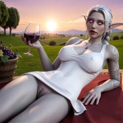 1girls ai_generated big_breasts breasts cozy drinking drunk eye_contact female glowing_tattoo looking_at_viewer nightborne nightborne_female nipple_bulge nipple_outline nipples nowrin outdoors pink_eyes ponytail pussy pussy_peek romantic solo_female stable_diffusion sunset tattoo tattooed_arm tattoos thick_thighs thighs vineyard warcraft white_dress white_hair wine wine_bottle wine_glass world_of_warcraft