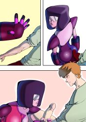 1boy 1girls afro ass assjob boner breasts bubble_ass bubble_butt buttjob cartoon_network clothed clothing comic crossover destreepe duo erection female garnet_(steven_universe) gem_(species) genitals grabbing_penis green_shirt handjob human human_male humanoid humanoid_female light-skinned_male light_skin looking_at_another male male/female multiversus no_pants penis purple_outfit scooby-doo shaggy_rogers shirt sitting steven_universe straight