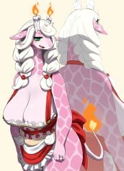 1girls anthro apron apron_only big_breasts borrowed_character candle candles cleavage darakafox female female_only fire front_and_back giraffe giraffid green_eyes hi_res kame_3 long_hair looking_at_viewer low_twintails mammal narrowed_eyes open_mouth purple_body simple_background smiling smiling_at_viewer solo tail thick_thighs twin_braids white_hair