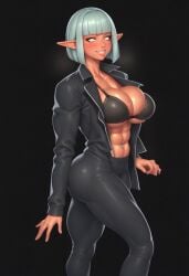 abs ai_generated athletic athletic_female big_ass big_breasts big_butt big_titties bimbo bimbo_body bimbo_lips black_coat bob_cut bra bubble_ass bubble_butt cleavage dark-skinned_female elana_eyrt(oc) fit_female glowing_eyes light_blue_hair long_coat muscles muscular_female navel_piercing oc original_character pointy_ears standing tagme tight_clothes tight_clothing tight_pants white_eyes