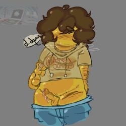 balls blush brown_hair cum_drip curly_hair dick fluffypan forsaken_(roblox) male male_only meme_in_the_background penis penis_out roblox roblox_game robloxian self_upload shedletsky shorts shorts_down shy sweat tagme whining