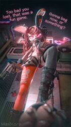 3d_(artwork) 5_fingers 9:16 alcohol_bottle alley anthro bad_trigger_discipline bottomless bottomless_female braided_pigtails breasts cjk_character claws clothed clothing dialogue digital_media_(artwork) dominant dominant_female dress english_text evening female fingers first_person_view fur garter_belt_leggings genitals gun hair handgun hunter_roulette innie_vulva japanese_text lagomorph legwear leporid looking_at_viewer machine mammal maxkore neon night nipples outside pink_eyes pussy rabbit ranged_weapon red_hair revolver signature smile solo stepped_on stockings tattoo text unzipped vulva weapon white_body white_fur yu_(hunter_roulette) zipper