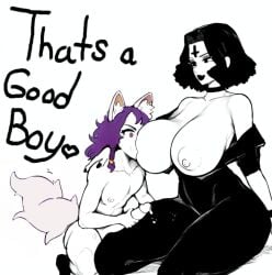 1boy 1boy1girl 1girls areola areolae big_penis black_hair black_lipstick breasts breasts_out choker cum cum_drip cum_on_body dialogue english_text female femboy femdom good_boy goth goth_girl goth_mommy hand_on_shoulder heart hips large_penis larger_female lipstick male male/female malesub masturbation masturbation_onto_another mommy_kink nail_polish nipples penis purple_hair red_eyes smaller_male sucking_nipples text thick_thighs thighs waist wolf_boy wolf_ears wolf_tail
