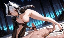 1boy ai_generated barefoot bent_over black_eyes black_gloves black_hair blush bottomless breasts erection female gloved_handjob gloves goddessasunaai hair_between_eyes handjob large_breasts lying made_in_abyss multicolored_hair nipples nude outdoors ozen penis spread_legs straight two-tone_hair uncensored white_hair