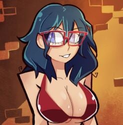 bikini black_hair blue_eyes breasts cleavage female glasses large_breasts red-framed_eyewear red_bikini semi-rimless_eyewear short_hair solo swimsuit under-rim_eyewear