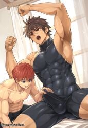 1boy 2boys abs armpits arms_up ass_visible_through_thighs balls_under_clothes bandaid bandaid_on_nose bed bedroom beefy biceps big_breasts big_bulge blue_eyes bodysuit brown_eyes brown_hair bulge bulge_through_clothing clenched_hand curious curtains duo dutch_angle ebitendon eight_pack erection erection_under_clothes gay genital_outline hand_on_penis hi_res holding_penis hunk looking_at_another looking_at_penis male male/male male_breasts male_only mature_male morning morning_wood muscles muscular muscular_arms muscular_legs muscular_male muscular_thighs navel oppai original original_character pecs quadriceps red_hair shaved_armpit shocked short_hair sitting six_pack sleeveless spiky_hair spread_legs thick_neck tight_clothing topless torakichi_(ebitendon) torakitchen tough_guy triceps turtleneck window yaoi