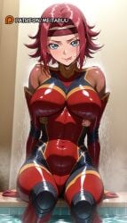 :p ai_generated blue_eyes blush bodysuit breasts code_geass covered_navel female flipped_hair headband impossible_bodysuit impossible_clothes kallen_stadtfeld kouzuki_kallen large_breasts licking_lips looking_at_viewer meitabuu multicolored_bodysuit pilot_suit red_bodysuit red_hair red_headband shiny_clothes short_hair sitting skin_tight smile soaking_feet solo tongue tongue_out water wet