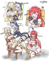 3girls aglaea_(honkai:_star_rail) arms_behind_back ball_gag blonde_hair blush bondage bound bound_ankles bound_arms bound_legs breast_grab breast_squeeze cat_ears cat_tail catgirl chair chair_bondage chair_tied chloroform cipher_(honkai:_star_rail) cleavage dress english_text female female_only femdom femsub fully_clothed gag gagged groping groping_breasts groping_from_behind hand_on_breast handgag high_heels honkai:_star_rail honkai_(series) kneeling lazyblush lesbian lezdom png red_hair rope text tribios_(honkai:_star_rail) white_hair yuri