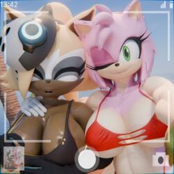 3d 3d_(artwork) 3d_model amy_rose amy_rose_(reivene3d) areola_slip areolae_slip badelynge3d beach big_boobies big_breasts big_titties black_bikini breasts busty closed_eyes closed_smile dark-skinned_female dark_areola eyelashes green_eyes hand_under_breasts hedgehog_ears hedgehog_girl hedgehog_humanoid idw_publishing mask pink_fur pink_hair ponytail red_bikini sega selfie shiny_skin sonic_(series) sonic_the_hedgehog_(idw) sonic_the_hedgehog_(series) tight_clothing whisper_the_wolf whisper_the_wolf_(badelynge3d) winking wolf_ears wolf_girl