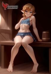 1boy 2d ai_generated ass barefeet big_ass crossdressing crossdressing_male erection erection_under_clothes erophoenix feet full_body link looking_at_viewer looking_back male male_focus navel nude otoko_no_ko pale_skinned_male patreon_username pointy_ears skirt smile soles solo solo_male sweat the_legend_of_zelda thick thick_thighs toes uncensored