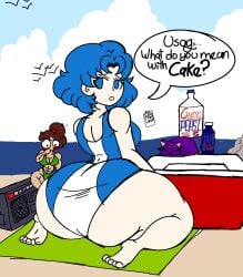 2d 2girls ami_mizuno ass beach big_ass bishoujo_senshi_sailor_moon blue_eyes blue_hair blush brown_hair caked_up concerned cooler feline huge_ass looking_back luna_(sailor_moon) makoto_kino outside swimsuit tagme tagme_(artist) text text_bubble