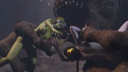 2girls 3d alexbridger alien alien_girl alien_humanoid braided_hair breasts brown_eyes brown_hair cave dancer enslaved_royal female femsub green-skinned_female green_skin harem harem_girl human imminent_vore jabba's_palace large_breasts light-skinned_female light_skin long_hair multiple_girls nipples oola princess_leia_organa rancor rancor_pit reaching_towards_another ripped_clothing slave slave_collar slave_leia slavegirl star_wars submissive_female torn_clothes twi'lek
