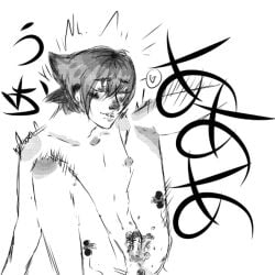 1boy greyscale heart looking_at_viewer male_focus monochrome nude short_hair smile solo