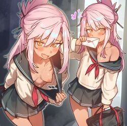 1girls blush chloe_von_einzbern dark-skinned_female fate/kaleid_liner_prisma_illya fate_(series) female_focus flashing_breasts flirting heart_symbol no_bra perky_breasts radishkek school_uniform schoolgirl skirt small_breasts teasing