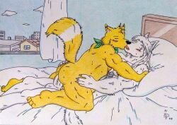 2025 anal anal_sex anthro arctic_wolf ass balls barazoku bed bed_sheet bedding bedroom biceps black_nose black_penis blush blush_lines bodily_fluids bruno_o_donnell canid canine canis city closed_eyes cloud colored_pencil_(artwork) curtains dashfox dashthefox day duo erection fluffy fluffy_tail fox fur furniture genital_fluids genitals green_kerchief hair hi_res humanoid_genitalia humanoid_penis kerchief kissing long_hair male male/male male_penetrated male_penetrating mammal manly musclegut muscular muscular_anthro muscular_arms muscular_male neckerchief neckwear nude nude_anthro nude_male on_bed penetration penile penis pillow sex sweat sweatdrop tail thick_penis traditional_media_(artwork) vein veiny_penis white_body white_fur white_hair white_penis window wolf yellow_body yellow_fur