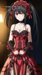 asymmetrical_hair bare_shoulders black_choker black_hair black_sleeves blush breasts choker cleavage clock_eyes closed_mouth collarbone cowboy_shot date_a_live detached_sleeves dress female frilled_dress frilled_hairband frills gothic_lolita hair_between_eyes hairband heterochromia indoors large_breasts lolita_fashion lolita_hairband long_hair looking_at_viewer medium_breasts meitabuu red_dress red_eyes red_ribbon ribbon sleeveless sleeveless_dress smile solo spaghetti_strap standing symbol-shaped_pupils tokisaki_kurumi twintails uneven_twintails very_long_hair yellow_eyes