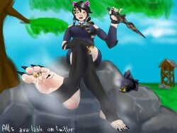 black_nails black_toenails clawed_feet clawed_fingers crossed_legs erisa_(fortnite) foot_fetish fortnite:_battle_royale gold_jewelry holding_weapon smelly_feet stirrup_legwear stirrup_thighhighs toe_ring