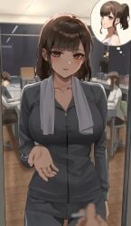 1boy 1girls 2023 anteiru anteiru3939 big_breasts blush breasts brown_eyes brown_hair coach female female_human fit_female fujisaki_honami hair_down hourglass_figure human large_breasts light-skinned_female light_skin male mature_female office original pov pov_eye_contact slim_waist smile teacher teacher_and_student track_jacket track_suit wide_hips