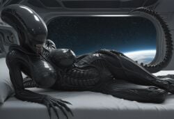 ai_generated alien alien_(franchise) alien_girl beautiful big_breasts black_body breasts female female_focus female_only femomorph fit fit_female in_heat laying_down laying_on_bed looking_at_viewer posing posing_for_the_viewer realistic seductive seductive_look seductive_smile sexy sexy_body sexy_pose spaceship_interior tail tits_out voluptuous wide_hips xenomorph