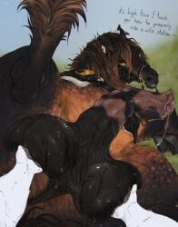anatomically_correct anatomically_correct_genitalia anatomically_correct_penis animal_genitalia animal_penis anthro anthro_on_feral balls balls_fondling big_balls big_penis bodily_fluids bottom_pov breath bridle brown_body brown_fur brown_mane dialogue draft_horse dripping duo english_text equid equine equine_genitalia equine_penis erection feathering feral fondling freckled_balls freckles fur genital_fluids genitals grass hair hi_res hooves horse looking_at_viewer male male_feral mammal mane mauro_skyles medial_ring mottled mottled_genitalia mottled_penis noz_orlok outside panting penis plant precum precum_drip precum_on_penis quadruped reins saddle saggy_balls scarlanya sergal sheath simple_background solo sweat sweaty_balls sweaty_body sweaty_genitalia tail teasing text unguligrade vein veiny_penis yellow_eyes zoophilia