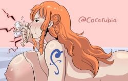 1boy1girl 1girls annoyed annoyed_face areola areolae big_breasts blowjob blowjob_face breasts breasts_focus breasts_out cocarubia cum cum_in_mouth fellatio female gear_5_luffy giantess haki haki_(one_piece) huge_breasts large_breasts male monkey_d_luffy nami_(one_piece) one_piece orange_hair orange_hair_female size_difference size_play sucking sucking_penis