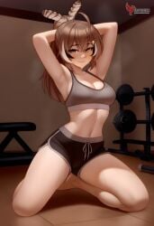 1girls 2d ai_generated ass barefeet big_ass breasts brown_hair erophoenix feet female female_focus full_body gym hairclip hololive hololive_english hololive_english_-council- hololive_english_-promise- indoors looking_at_viewer medium_breasts nanashi_mumei navel patreon_username short_shorts shorts solo solo_female sports_bra sweat thick thick_thighs toes uncensored virtual_youtuber vtuber