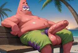 1boy ai_generated anthro balls beach belly bench big_penis blue_sky clothing coconut_tree cum cumdrip echinoderm enormous_penis erection fat fat_belly fat_male gigantic_penis green_shorts huge_cock humanoid_genitalia humanoid_penis large_penis looking_at_viewer male male_only marine massive_penis nickelodeon obese obese_anthro obese_male outdoors overweight overweight_anthro overweight_male patrick_star penis penis_out pink_body shorts sitting sitting_on_bench smiling smiling_at_viewer spongebob_squarepants starfish testicles thick_penis tree