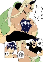aerolae between_breasts big_breasts big_nipples blonde_female blonde_hair breast_grab breasts breasts_bigger_than_head breasts_out colored difference grabbing_breasts monster_girl monster_musume_no_iru_nichijou okayado oni oni_female oni_horns size_comparison size_difference tionishia touching_breast