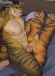 anal anal_sex anthro anus bed blue_eyes felid feline hi_res looking_at_viewer male male/male mammal nipples open_mouth orcfun pecs penetration puffy_anus sex smile stripes