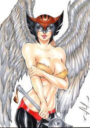 1girls 2018 belly_button big_breasts bra breasts busty cleavage covered_face curvaceous curvy dated dc dc_comics dcau ed_benes_studio female female_only hawkgirl helmet holding_mace holding_weapon jeferson_lima jsa justice_league justice_league_unlimited justice_society justice_society_of_america large_breasts mace mask midriff navel pants pinup red_lips red_lipstick shayera_hol signature solo stomach superheroine voluptuous wings yellow_bra