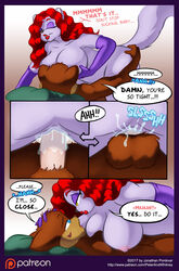 1boy 1boy1girl 1girls anthro anthro_on_anthro arched_back areola areolae ass ass_grab balls between_breasts big_breasts blue_eyes breast_grab breast_press breast_sucking breastfeeding breastfeeding_during_sex breasts brown_fur busty closed_eyes comic cosplay cowgirl_position dialogue disney eddie_valiant_(cosplay) eyeshadow feline female female_on_top gloves hair_over_one_eye hand_on_ass huge_breasts jessica_rabbit_(cosplay) jonathan_ponikvar large_breasts licking lips lipstick long_gloves long_hair looking_at_another looking_at_partner male nipples one_eye_closed panels parody patreon penis peter_and_company peter_and_whitney peter_ponikvar pounding purple_fur pussy red_hair sex speech_bubble staring_at_another straddle straddling straight sucking suckling testicles vaginal_penetration watermark whitney_ponikvar who_framed_roger_rabbit wig yellow_eyes